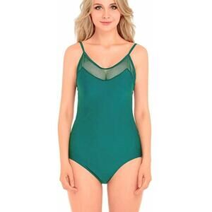 V28 Women Solid Mesh Panel Lined One Piece Swimsuit Green Size L 2243